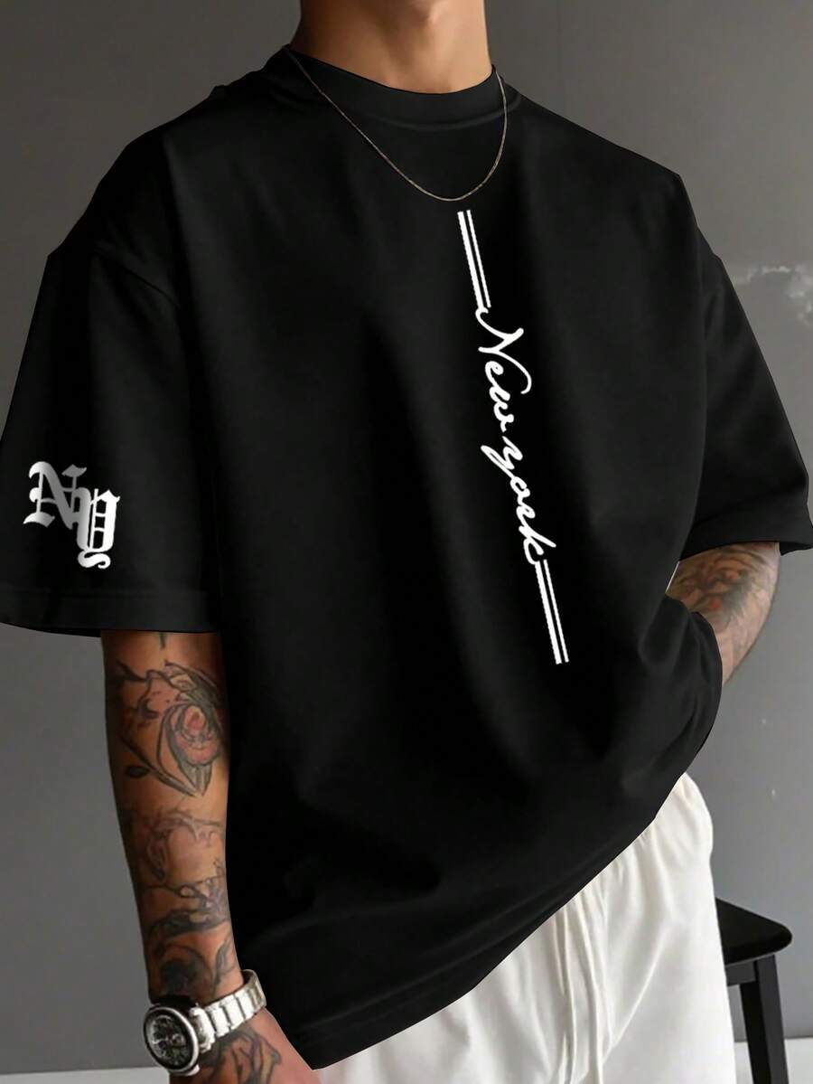 Manfinity EMRG Áo thun nam cổ tròn tay ngắn in chữ, dáng rộng thoải mái, đa năng. - màu đen - Xem 1