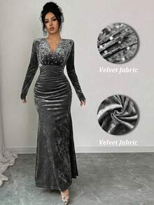 Elenzga Women's Elegant Romantic Delicate Party Dress, Velvet, Pearl Decor V-Neck, Long Sleeve, Bodycon Mermaid Maxi Dress, Suitable For New Year - Grey - View 3