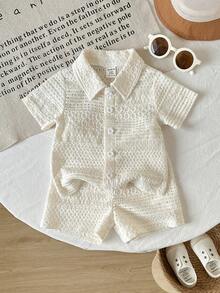 Playful Pals 2pcs Baby Boys Polo Collar Short Sleeve Jacquard Knit Beige Button-Up Top + Elastic Waist Shorts Casual Outfit, Suitable For Summer Outings Or Everyday Wear - Beige - View 8