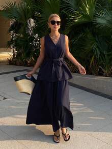 DAZY Bộ đồ nữ thường ngày gồm áo không tay và quần dài màu trơn, thích hợp cho mùa hè. - Màu xanh hải quân - Xem 7