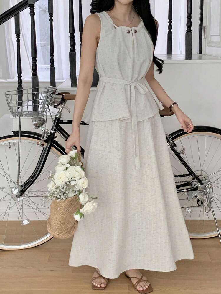 Women's Casual Solid Color Tank Top And Skirt 2 Pieces Set, Summer