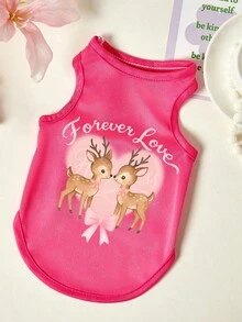 PETSIN 1件两只鹿字母爱心印花宠物背心，透气亲肤，玫瑰红 - 玫紅色 - 查看 1