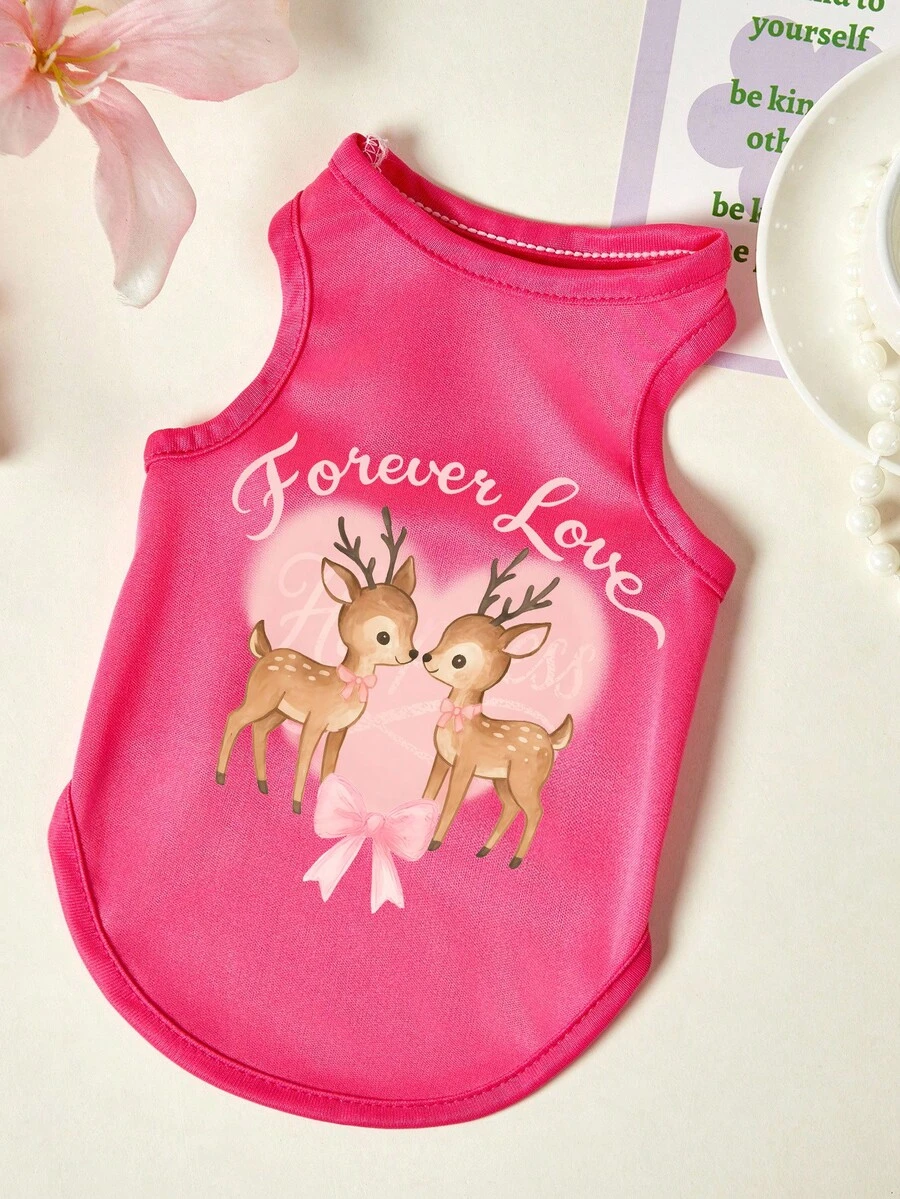 PETSIN 1件两只鹿字母爱心印花宠物背心，透气亲肤，玫瑰红 - 玫紅色 - 查看 1