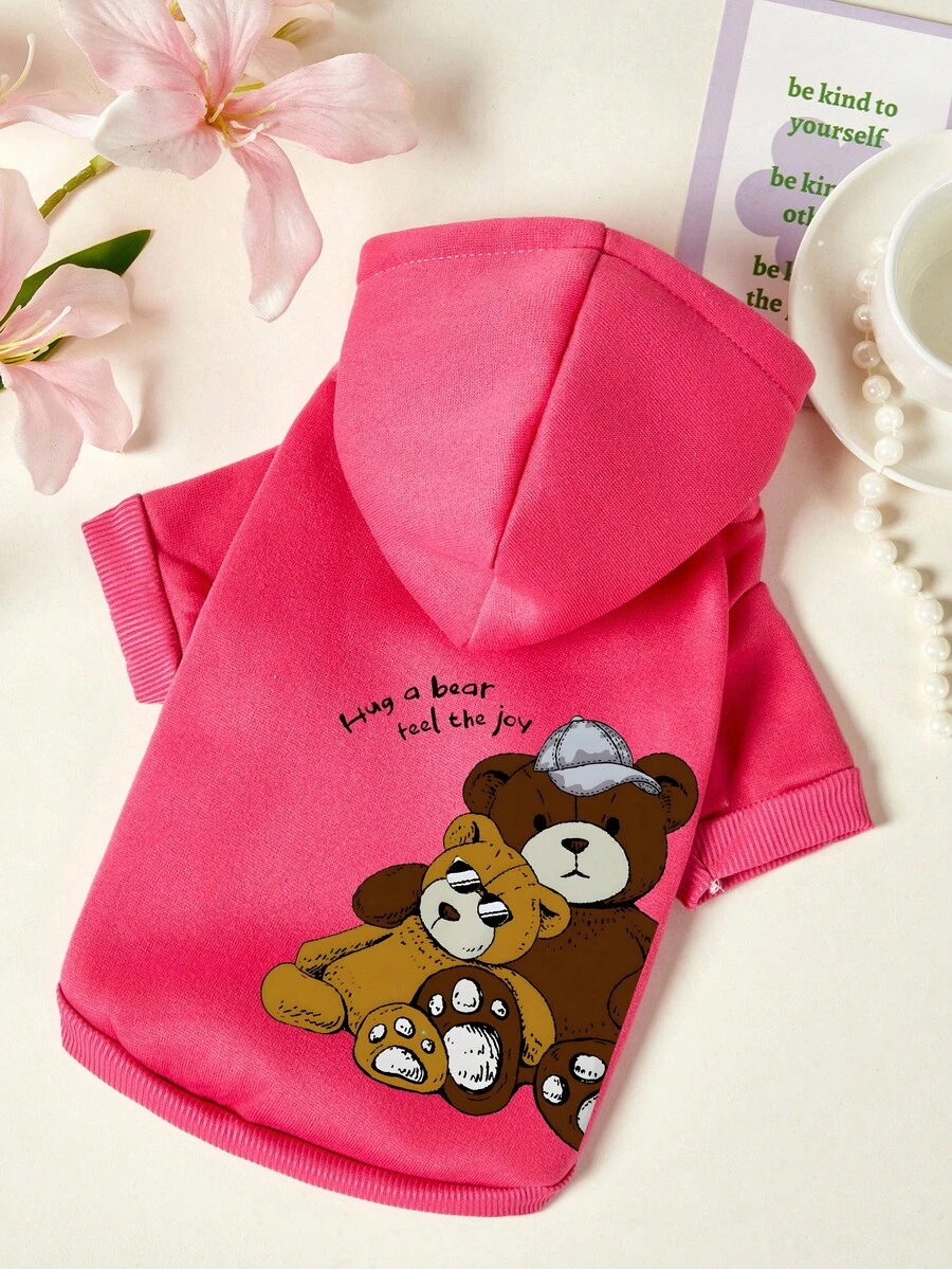 PETSIN 1件可爱太阳镜熊字母印花宠物帽帽连帽衫玫瑰红秋冬加厚保暖宠物服装 - 玫紅色 - 查看 1