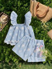 Sparklyn Tween Girl Embroidered Striped Ruffle Trim Top And Shorts Cute Set - Blue - View 1