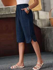 EMERY ROSE Pantalones de lino de estilo campestre casual de media longitud con botones para mujer, de verano - Blue Power - Ver 1