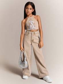 Radiana Quần jean denim dáng rộng, họa tiết ngôi sao Y2K, quần dài thanh lịch, quần ống rộng đơn giản, đa năng, trang phục thu đông cho bé gái tuổi mới lớn, trang phục dạo phố trở lại trường, thoải mái và đa năng, dành cho bé gái từ 8-12 tuổi, thích hợp cho bé đi học, ở nhà và du lịch - Màu Khaki - Xem 3