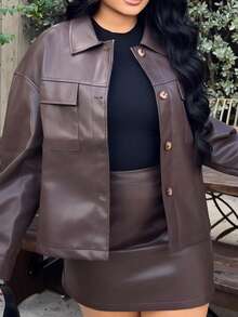 Dayanna Comas 2pcs/Set Blus Wanita Warna Polos Lengan Panjang Kancing Depan dengan Saku dan Rok Model A-Line Warna Cokelat Musim Dingin - Coklat - View 3