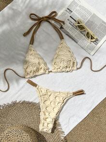 Swim Mod Solid Textured Halter Top & Swim Bottoms, Cute Bikini Set For Ladies, Summer