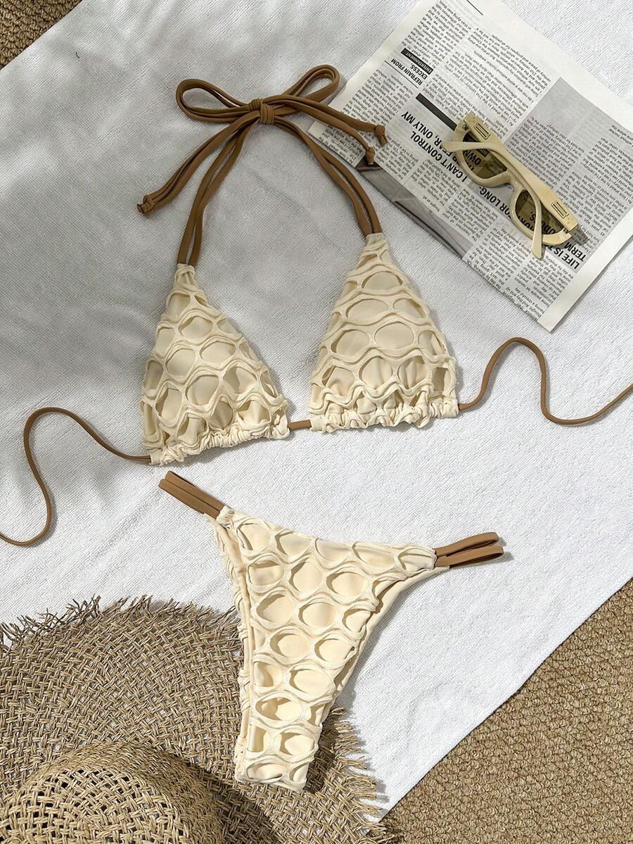 Swim Mod Solid Textured Halter Top & Swim Bottoms, Cute Bikini Set For Ladies, Summer