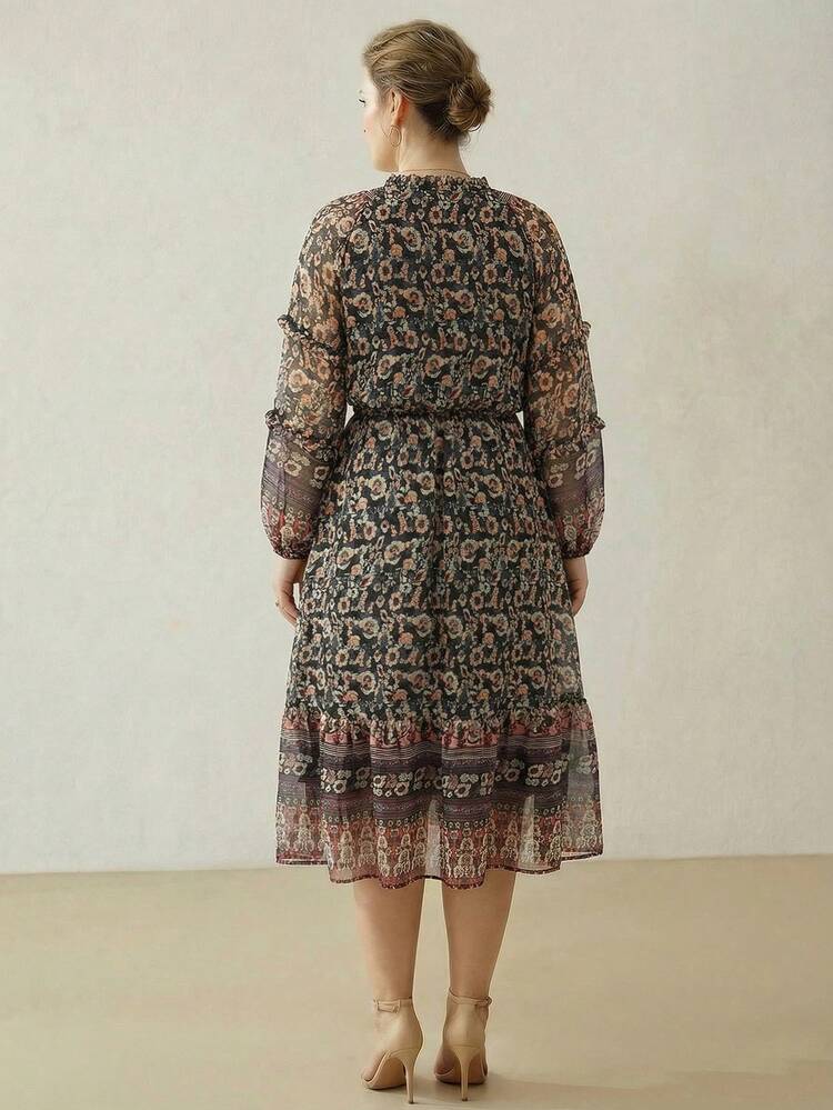 PLUS BOHEMIAN PRINT LONG SLEEVE RUFFLE HEM ROMANTIC DRESS