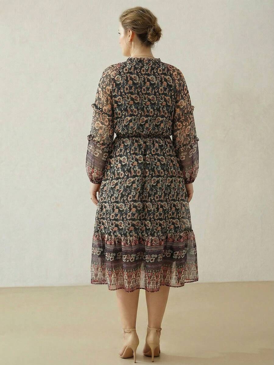 MOTF PREMIUM PLUS BOHEMIAN PRINT LONG SLEEVE RUFFLE HEM ROMANTIC DRESS - Multicolor - View 2