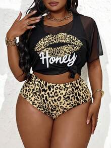 Slaydiva Plus Size Women 3-Piece Set: Leopard Print Pullover Hoodie With Matching Bikini Top And Bottom - Multicolor - View 5