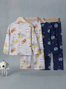 两件套男童宽松恐龙卡通印花长袖上衣和裤子睡衣套装，舒适针织面料，灰色和藏蓝色 - 彩色 - 查看 2