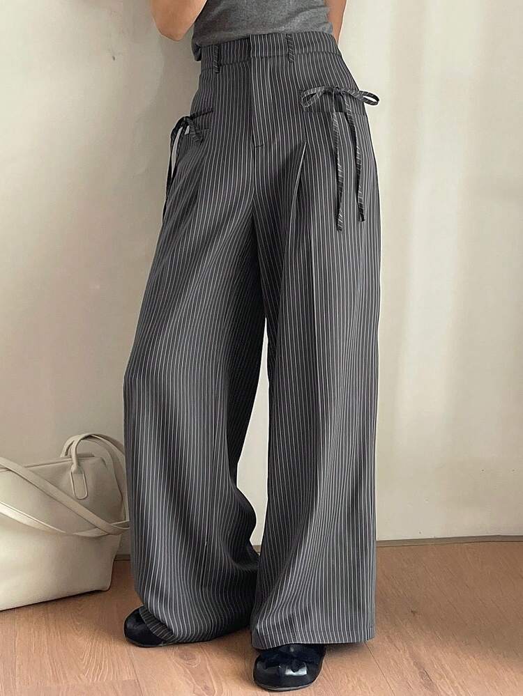 Lace-Up Striped Casual Wide Leg Pants For Women