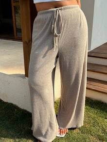 SHEIN EZwear 大码女式纯色系带阔腿休闲裤，秋冬款 - 卡其色 - 查看 6