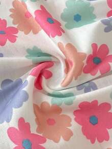 SHEIN 2pcs Newborn Baby Girls Floral Print Round Neck Cap Sleeve Solid Color Pink Casual Waisted Cute Mini Dress, Suitable For Summer Outings Or Travel - Pink - View 7