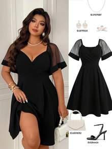 Femmeverse 大码女式网纱拼接A字连衣裙，显瘦又优雅 - 黑色 - 查看 1