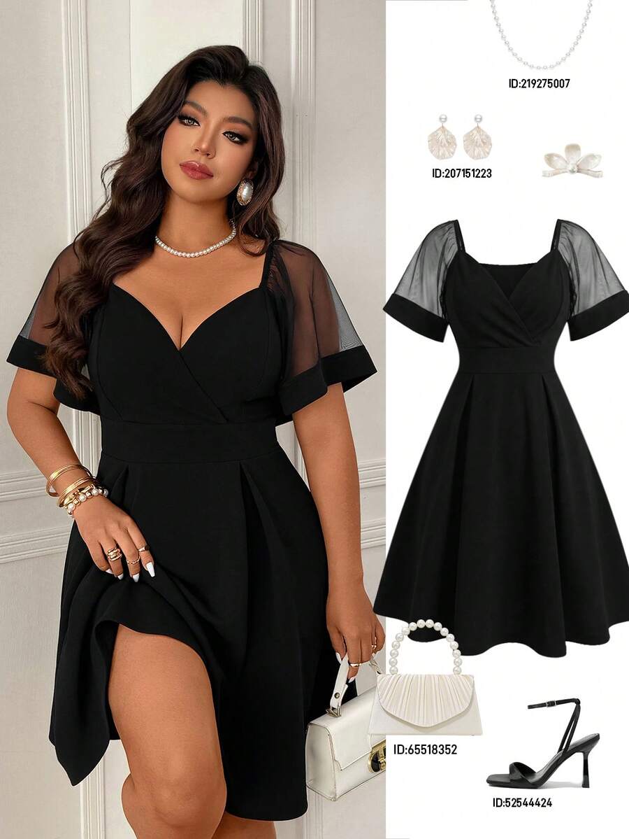 Femmeverse 大码女式网纱拼接A字连衣裙，显瘦又优雅 - 黑色 - 查看 1