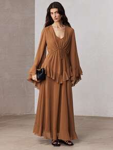ZEYLAH Elegante vestido romántico con cuello en V, cintura fruncida y volantes en el bajo, para primavera/verano - Marrón - Ver 4