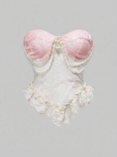 ROMWE Kawaii 复古维多利亚风格蕾丝缎面珍珠胸针装饰女式泡泡袖衬衫