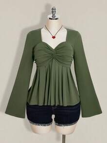 SHEIN ICON 大码女式黑色胸前扭结针织上衣，娃娃衫针织上衣，Y2K风格服装，毕业季返校季秋季服装，可爱女式上衣，娃娃衫 - 軍綠色 - 查看 3