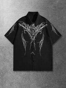 ROMWE MEN Goth 印花前开襟纽扣休闲短袖衬衫（现货） - 黑色 - 查看 1