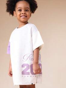 SUMWON Girls Color Block Short Sleeve Crew Neck T Shirt Dress With Purple Sleeves And NYC Number Print For Casual And Vacation - Multicolor - View 6