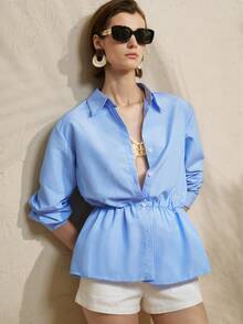 Airaco 女士休闲通勤条纹短袖衬衫 - 藍色 - 查看 4