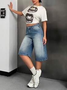 EURMUSE Quần short denim nữ ống rộng, có túi, dáng suông, đa năng. - Rửa trung bình - Xem 4