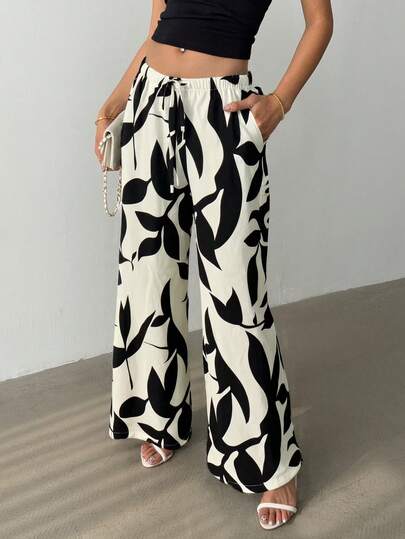 Rafferiza Women's Casual Wide Leg Pants With Herringbone Floral Pattern And Cinched Waist