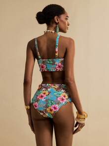 Vesra Women's Leopard & Hibiscus Floral Print Bikini Set Set, Spaghetti Strap Tank Top, Summer Beach Pool Party Holiday, Spring/Summer - Multicolor - View 2