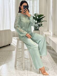Lacomfia New French Retro Long Sleeve Lace Patchwork Hollow Out Blouse & Pants Set, Misty Blue - Green - View 3
