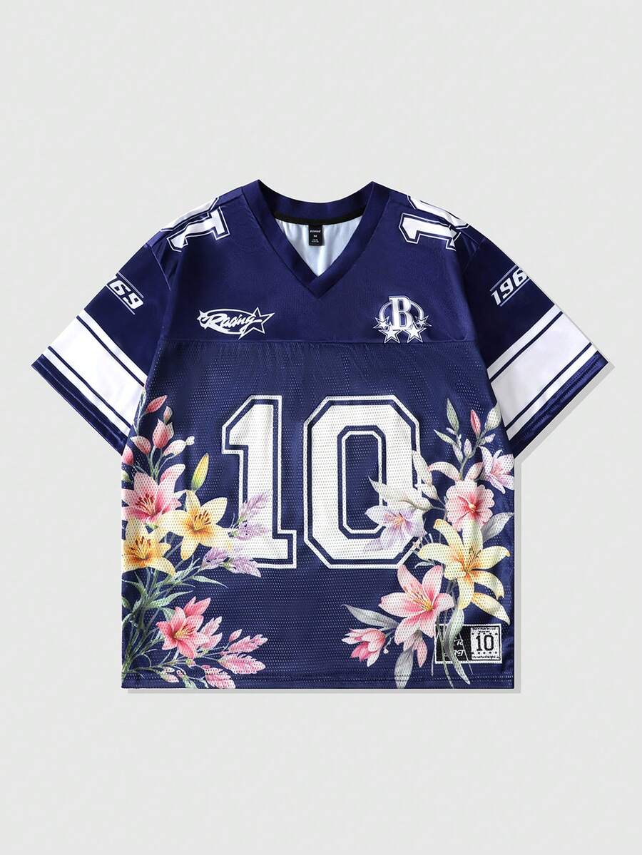 ROMWE MEN Prep 男士运动短袖T恤，网眼拼接面料，夏季款 - 藏蓝色 - 查看 1