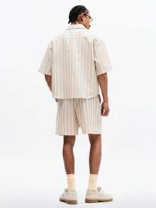 SUMWON Men's Vertical Striped Button Down Shirt And Matching Shorts Co-Ord Set Summer Casual Outfit - Apricot - View 2
