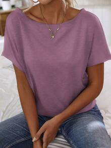 Calvaya Kaos Lengan Pendek Kasual Serbaguna dengan Kerah Asimetris Warna Polos - Purple - View 3