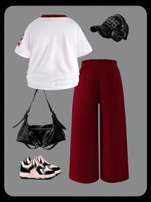 SHEIN Explorewe 2 peças Conjunto Casual de Verão para Meninas, Top Branca de Gola V de Manga Curta e Calça Solta e Confortável Bordô - Vinho - Visão 2