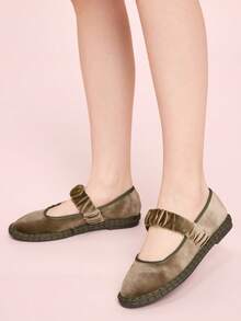 CUCCOO DOLLMOD Zapatos planos de estilo Mary Jane de terciopelo plisado elástico naranja brillante, elegantes y cómodos para mujer - Caqui / Verde - Ver 6