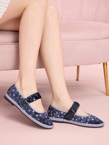 CUCCOO DOLLMOD 女士亮橙色优雅天鹅绒经典舒适褶皱弹力玛丽珍平底鞋 - 紫色波點 - 查看 3