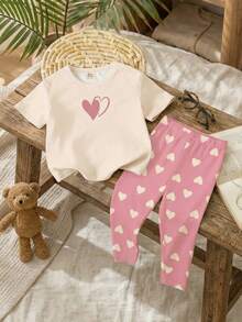 SHEIN Cream White & Pink, Sweet Minimalist Heart Pattern Print, Cute Deer Outfit, Baby Girl Casual Comfortable Soft Round Neck Short Sleeve T-Shirt And Leggings, Suitable For Spring/Summer Daily, Home, Vacation, Street, Party - Multicolor - View 5