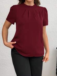 Firerie Plus Size Women's Solid Color Pleated Puff Sleeve Elegant Blouse Formal Tops Formal Top Maroon Tops Modest Tops Office Tops For Women - Burgundy - View 4