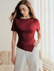 Anewsta Áo thun ngắn tay nữ màu trơn, kiểu dáng thường ngày, đa năng, phù hợp đi làm. - Màu Đỏ Sâu - Xem 5