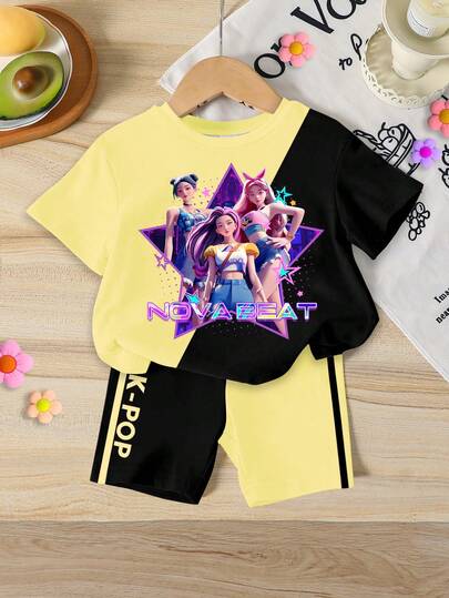 两件套少女休闲时尚韩流卡通图案短袖圆领T恤短裤套装，撞色T恤套装，舒适百搭，适合日常、度假、休闲穿着，春夏皆宜。