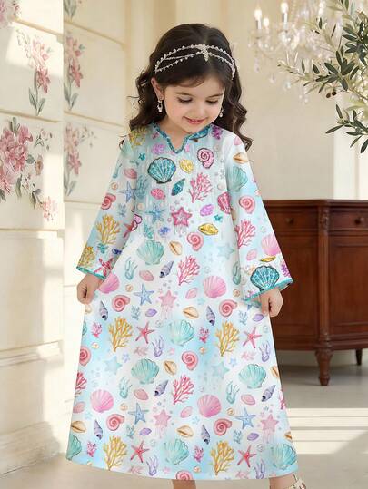 Watercolor Light Blue, Mermaid Princess Shell, Starfish, Pearl Ocean Pattern Print, Kids Jalabiya, Baby Girls Casual Loose V-Neck Long Sleeve Traditional Arabic Maxi Dress, Suitable For Spring/Summer Daily, Vacation, Festivals, Sweet Fashion Long Sleeve Dress, Kids Prayer Abaya, Easy Comfort, Casual Wear, Modest Kaftan, Kids Jalabiya, New Style