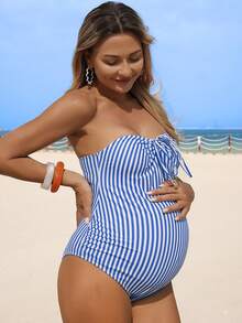 Momance 孕妇条纹印花打结抹胸连体泳衣 - 彩色 - 查看 3