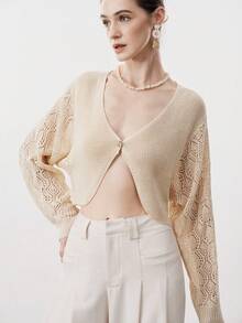 Aalyst 女士春夏新款V领纽扣短款开衫，优雅高端修身长袖针织毛衣上衣 - 杏色 - 查看 3