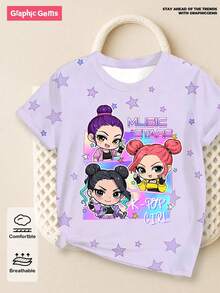 1pc Cute & Cool Kpop Girl Graphic Colorblock Short Sleeve Top, Loose Fit, Suitable For Spring, Summer, Autumn, Winter, Great Gift For Young Girls