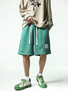Chillumni Men Letter Patched Detail Drawstring Waist Shorts - Green - View 3