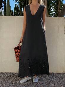 Livesso Women's Loose Casual Hollow Embroidery Pattern Dress, Suitable For Music Festival, Valentine's Day, Wedding, Beach Vacation, Deep V-Neck Sleeveless Dress, Spring/Summer - Black - View 5