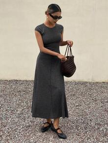 DAZY Vestido de verano de mujer elegante de unicolor, cuello redondo, sin mangas y de largo medio - Gris - Ver 4